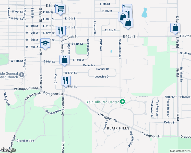 map of restaurants, bars, coffee shops, grocery stores, and more near 716 Lovechio Drive in Mishawaka