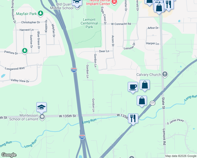 map of restaurants, bars, coffee shops, grocery stores, and more near 1365 Gordon Lane in Lemont