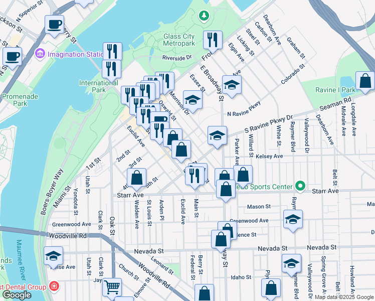 map of restaurants, bars, coffee shops, grocery stores, and more near 503 Platt Street in Toledo