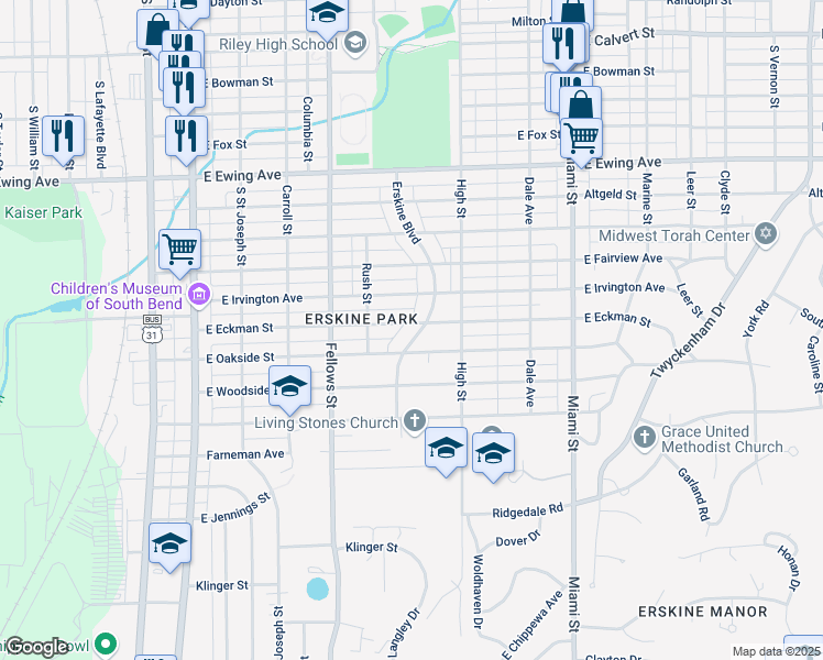 map of restaurants, bars, coffee shops, grocery stores, and more near 2715 Erskine Boulevard in South Bend