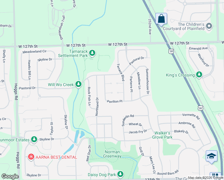 map of restaurants, bars, coffee shops, grocery stores, and more near 25418 Juniper Court in Plainfield