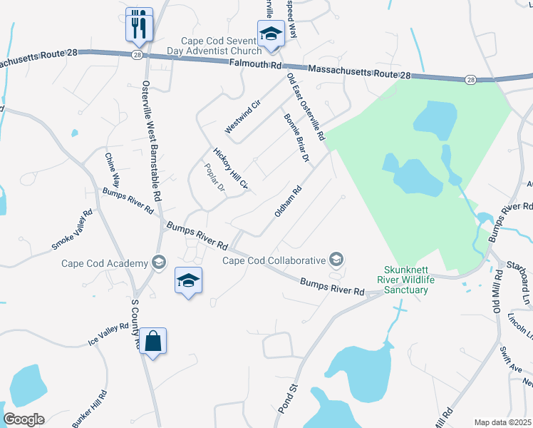 map of restaurants, bars, coffee shops, grocery stores, and more near 106 Oldham Road in Barnstable