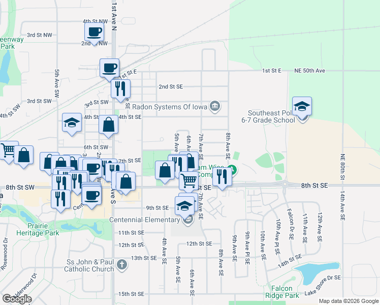 map of restaurants, bars, coffee shops, grocery stores, and more near 604 7th Avenue Southeast in Altoona