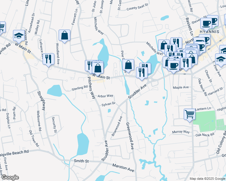map of restaurants, bars, coffee shops, grocery stores, and more near 135 West Main Street in Barnstable