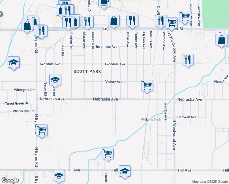 map of restaurants, bars, coffee shops, grocery stores, and more near 611 Ranch Drive in Toledo