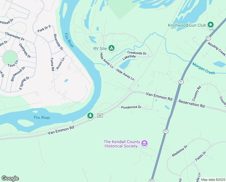 map of restaurants, bars, coffee shops, grocery stores, and more near Hide Away Lane in Kendall County