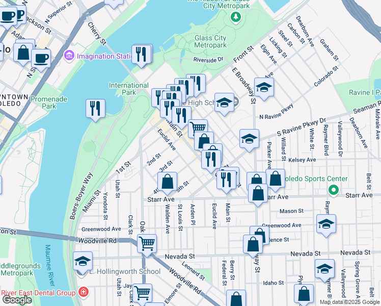 map of restaurants, bars, coffee shops, grocery stores, and more near 513 4th Street in Toledo