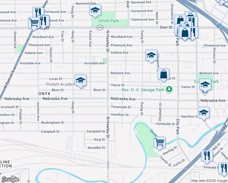 map of restaurants, bars, coffee shops, grocery stores, and more near 933 Blum Street in Toledo