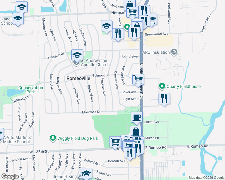 map of restaurants, bars, coffee shops, grocery stores, and more near 423 Dalhart Avenue in Romeoville