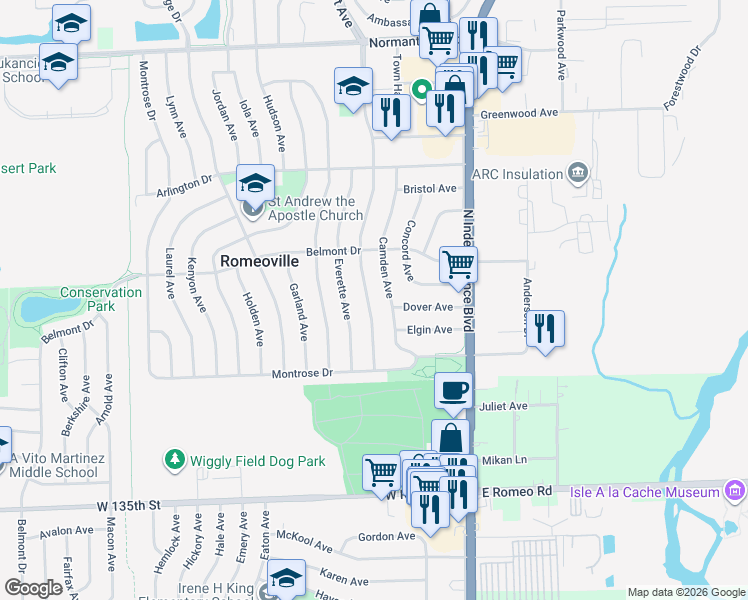 map of restaurants, bars, coffee shops, grocery stores, and more near 419 Dalhart Avenue in Romeoville