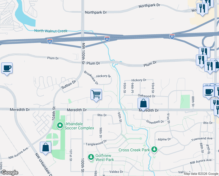 map of restaurants, bars, coffee shops, grocery stores, and more near 9808 Brookview Drive in Urbandale