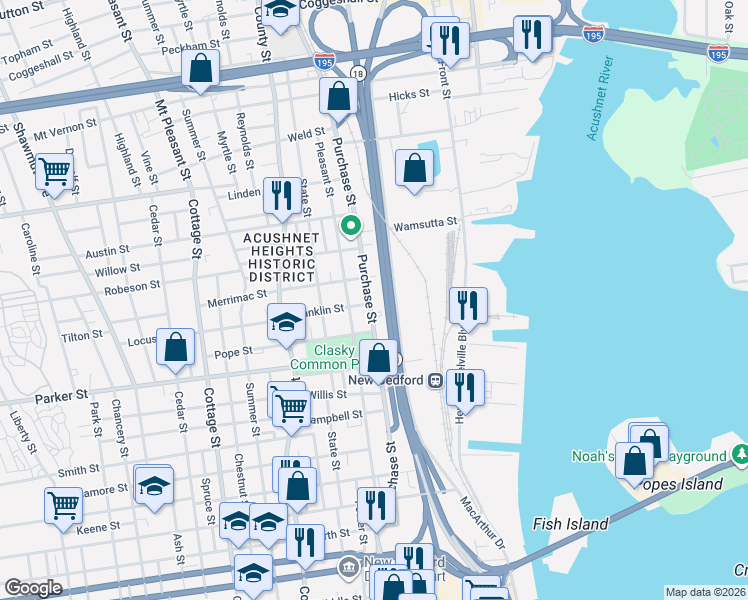 map of restaurants, bars, coffee shops, grocery stores, and more near 1558 Purchase Street in New Bedford