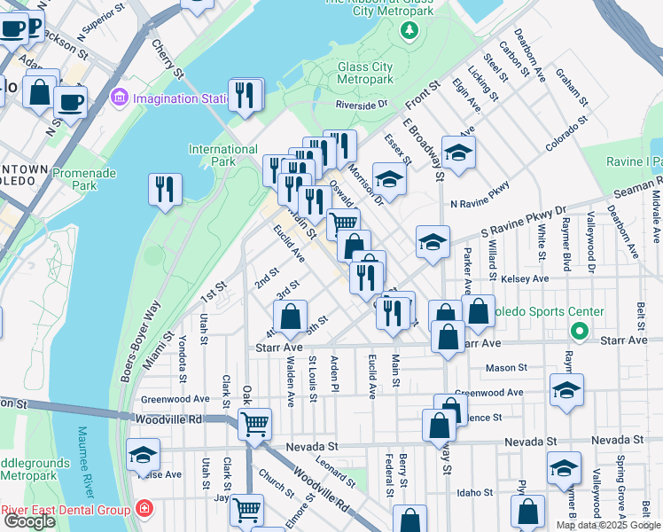 map of restaurants, bars, coffee shops, grocery stores, and more near 513 4th Street in Toledo