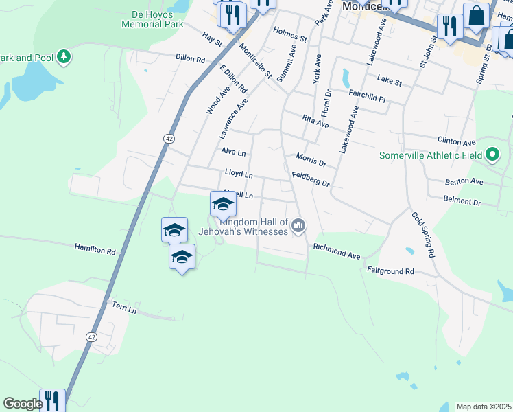 map of restaurants, bars, coffee shops, grocery stores, and more near 14 Burton Avenue in Monticello