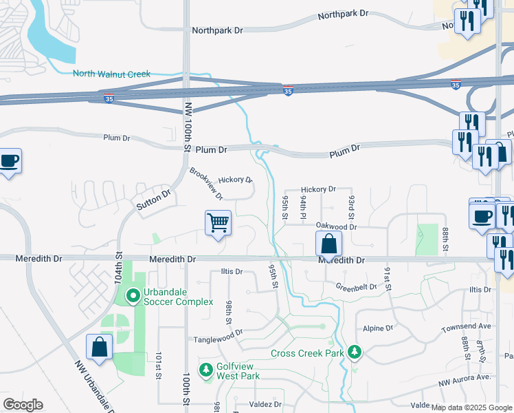 map of restaurants, bars, coffee shops, grocery stores, and more near 9808 Brookview Drive in Urbandale