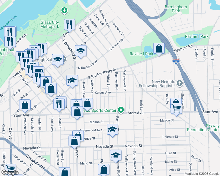 map of restaurants, bars, coffee shops, grocery stores, and more near 263 White Street in Toledo
