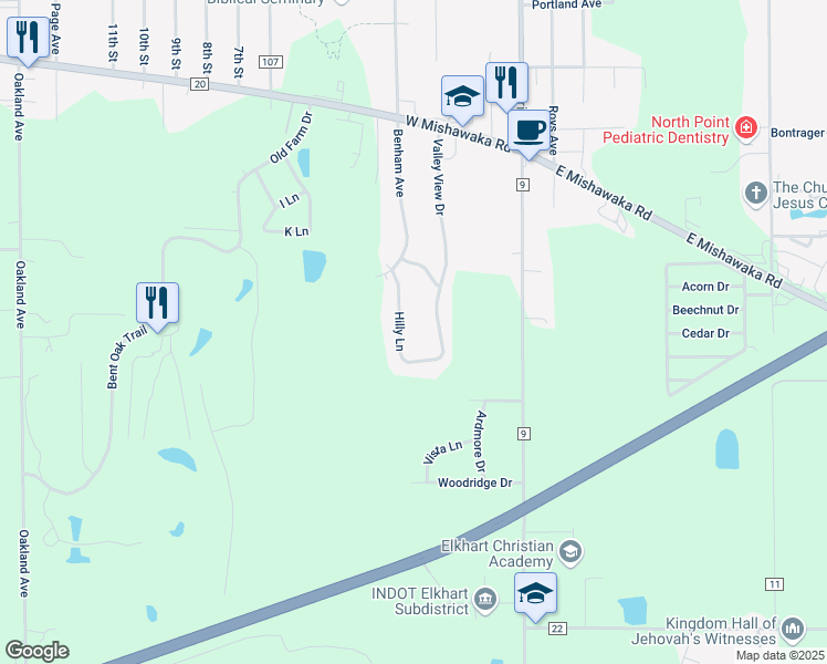 map of restaurants, bars, coffee shops, grocery stores, and more near 58440 Hilly Ln in Elkhart