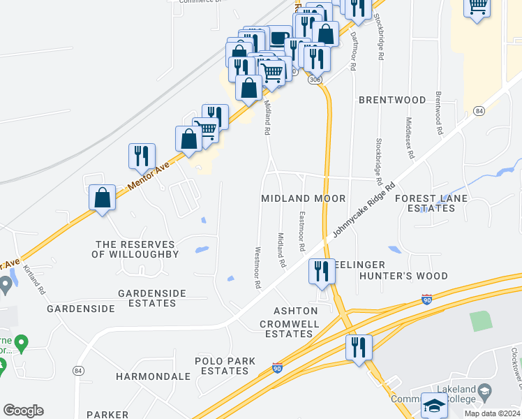 map of restaurants, bars, coffee shops, grocery stores, and more near 8253 Westmoor Road in Mentor