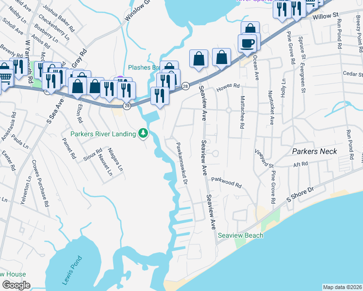 map of restaurants, bars, coffee shops, grocery stores, and more near 84 Pawkannawkut Drive in Yarmouth