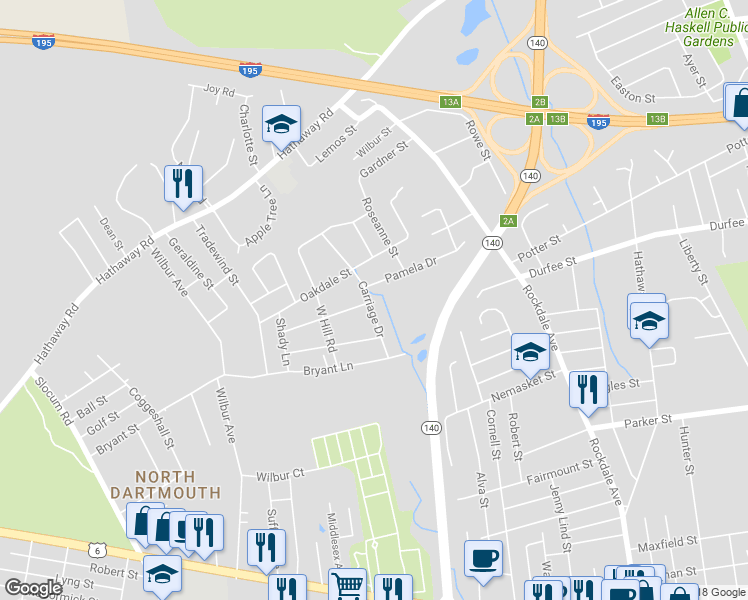 map of restaurants, bars, coffee shops, grocery stores, and more near 58 Carriage Drive in New Bedford