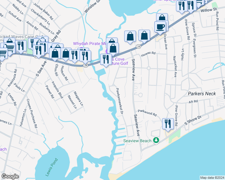 map of restaurants, bars, coffee shops, grocery stores, and more near 64 Neptune Lane in Yarmouth