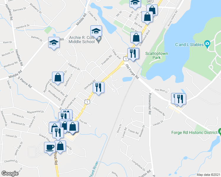 map of restaurants, bars, coffee shops, grocery stores, and more near 1 Post Road in East Greenwich