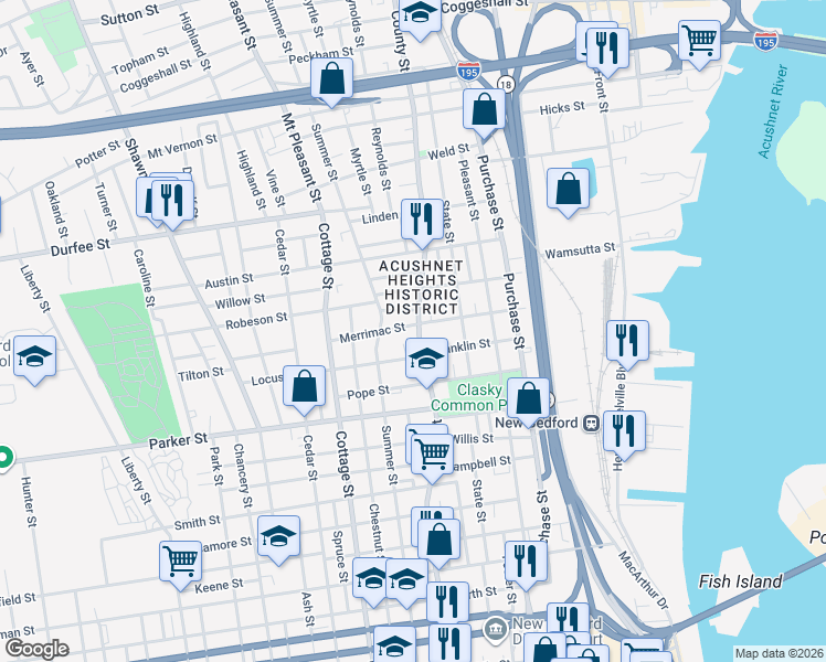 map of restaurants, bars, coffee shops, grocery stores, and more near 745 County Street in New Bedford
