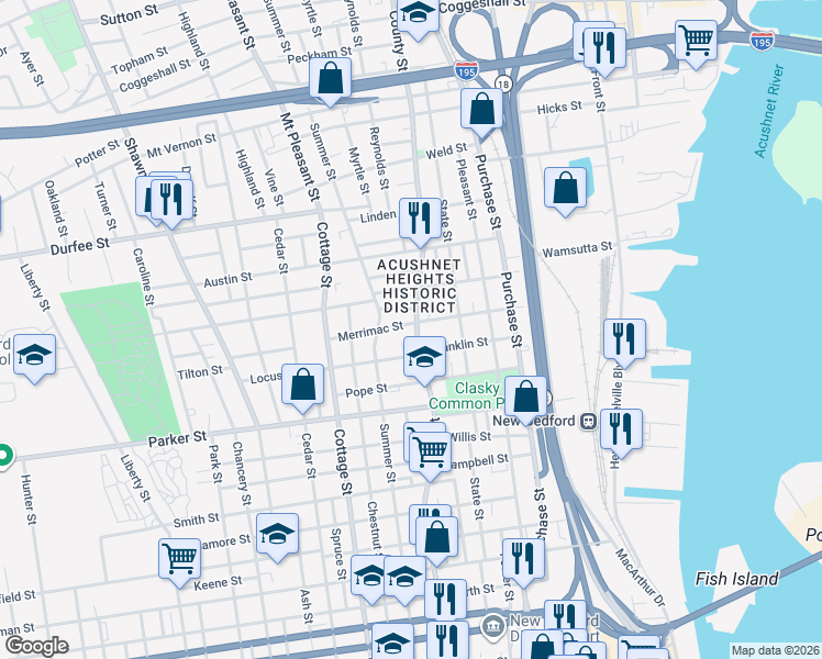 map of restaurants, bars, coffee shops, grocery stores, and more near 735 County Street in New Bedford
