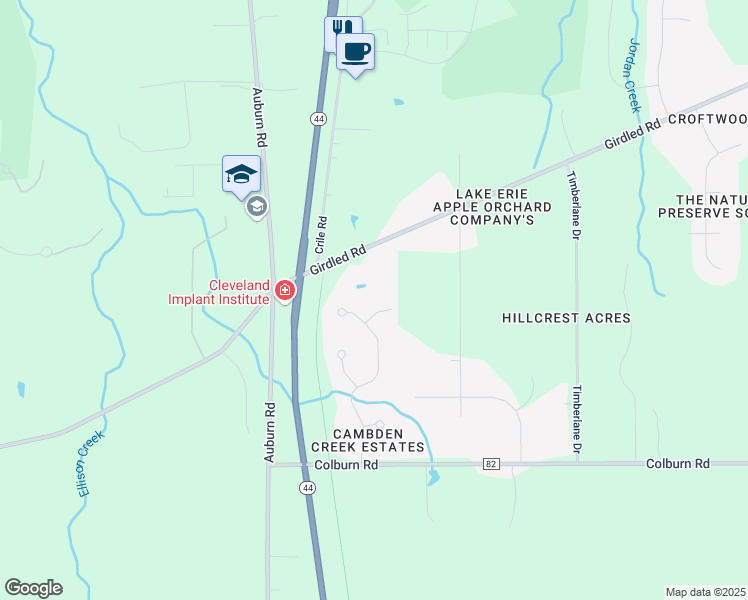 map of restaurants, bars, coffee shops, grocery stores, and more near 11193 Dobbins Way in Painesville