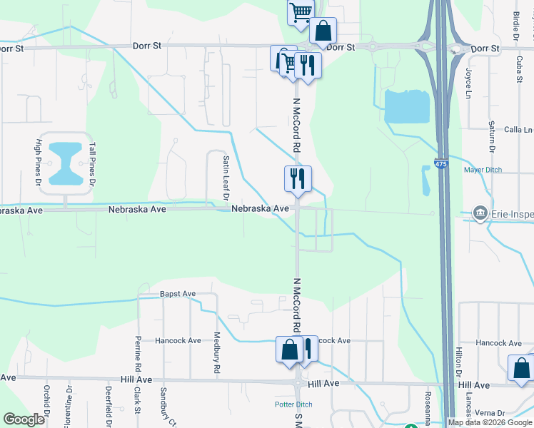 map of restaurants, bars, coffee shops, grocery stores, and more near 6883 Nebraska Avenue in Toledo