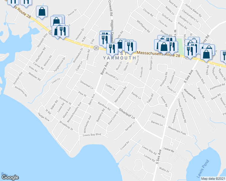 map of restaurants, bars, coffee shops, grocery stores, and more near 19 Cutter Lane in Yarmouth