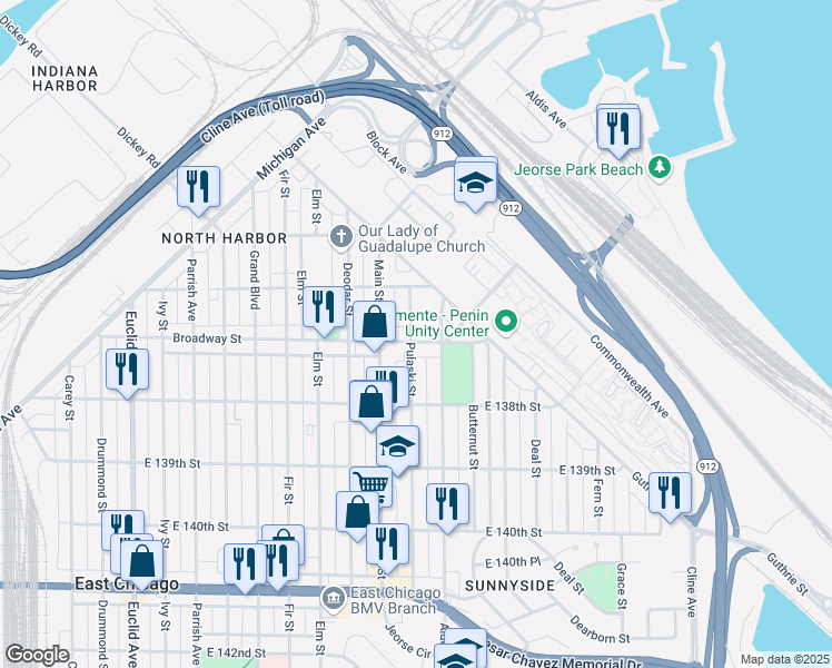 map of restaurants, bars, coffee shops, grocery stores, and more near 2302 Broadway Street in Gary