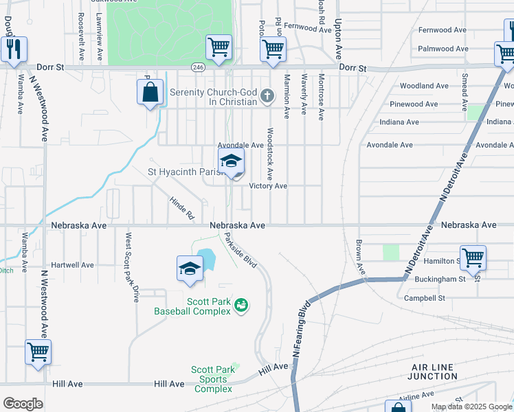 map of restaurants, bars, coffee shops, grocery stores, and more near 614 Evesham Avenue in Toledo