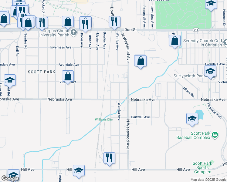 map of restaurants, bars, coffee shops, grocery stores, and more near 2714 Nebraska Avenue in Toledo