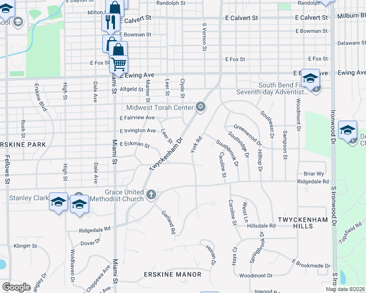 map of restaurants, bars, coffee shops, grocery stores, and more near 2800-2898 S Twyckenham Dr in South Bend