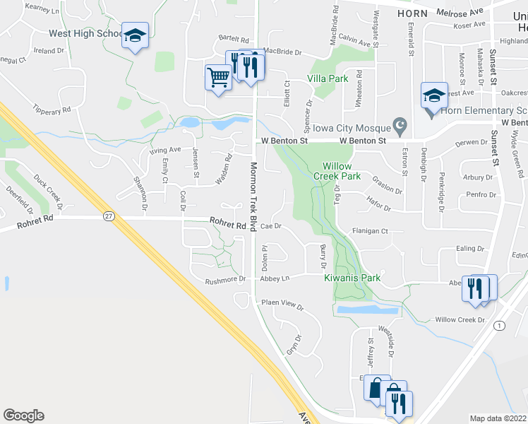 map of restaurants, bars, coffee shops, grocery stores, and more near 1215 Cambria Court in Iowa City