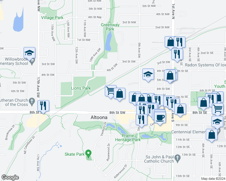 map of restaurants, bars, coffee shops, grocery stores, and more near 803 8th Street Southwest in Altoona