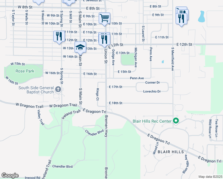 map of restaurants, bars, coffee shops, grocery stores, and more near 1600-1698 Union Street in Mishawaka