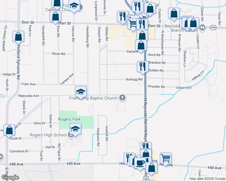 map of restaurants, bars, coffee shops, grocery stores, and more near in Toledo