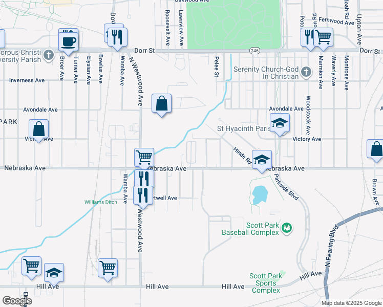 map of restaurants, bars, coffee shops, grocery stores, and more near 2410 Nebraska Avenue in Toledo