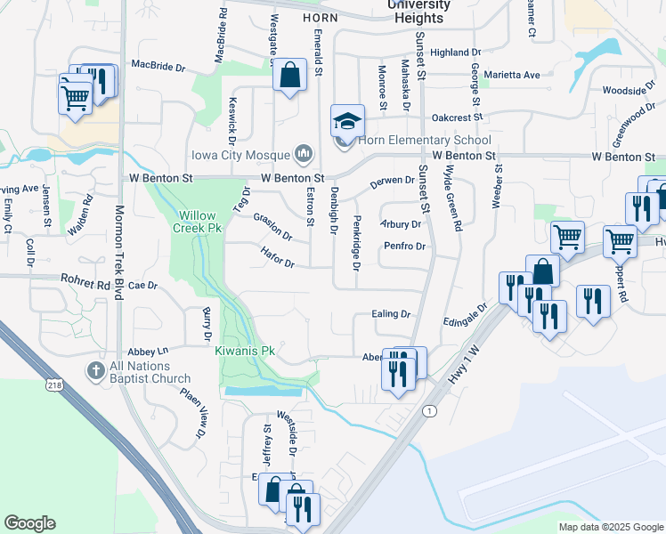 map of restaurants, bars, coffee shops, grocery stores, and more near 1145 Denbigh Drive in Iowa City