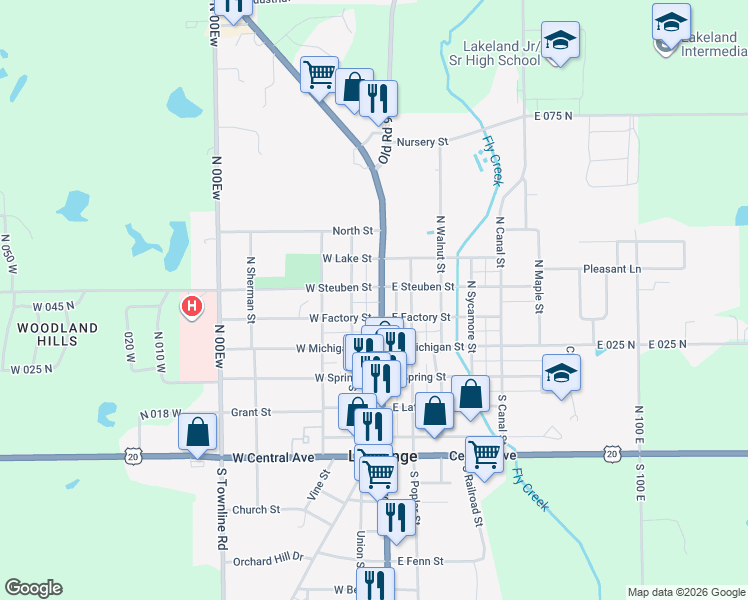 map of restaurants, bars, coffee shops, grocery stores, and more near 100-198 W Factory St in LaGrange