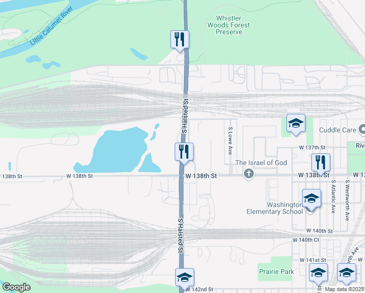 map of restaurants, bars, coffee shops, grocery stores, and more near South Halsted Street in Riverdale
