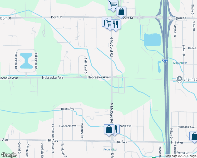 map of restaurants, bars, coffee shops, grocery stores, and more near 6883 Nebraska Ave in Toledo