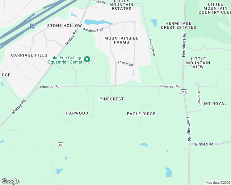 map of restaurants, bars, coffee shops, grocery stores, and more near 10242 Pinecrest Road in Painesville