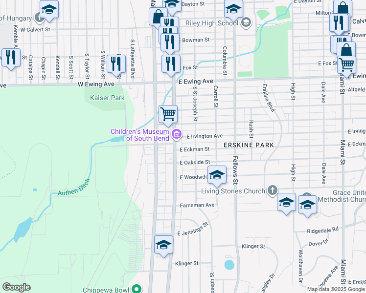 map of restaurants, bars, coffee shops, grocery stores, and more near 111 East Eckman Street in South Bend