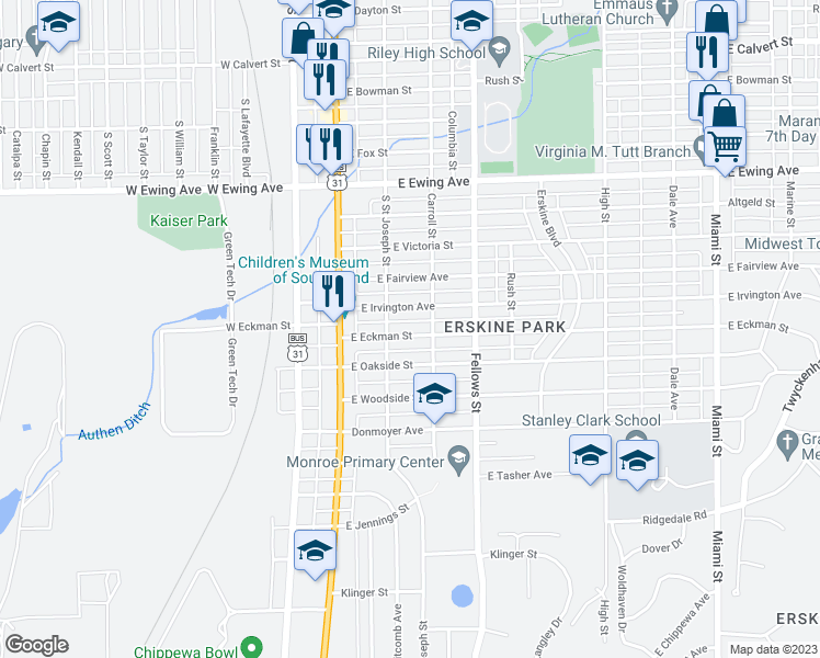 map of restaurants, bars, coffee shops, grocery stores, and more near 221 East Eckman Street in South Bend