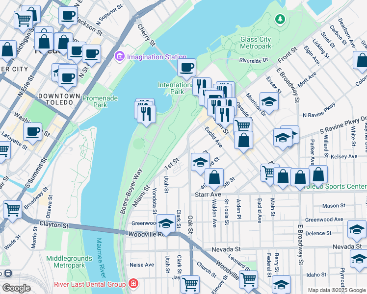 map of restaurants, bars, coffee shops, grocery stores, and more near 332-368 1st St in Toledo