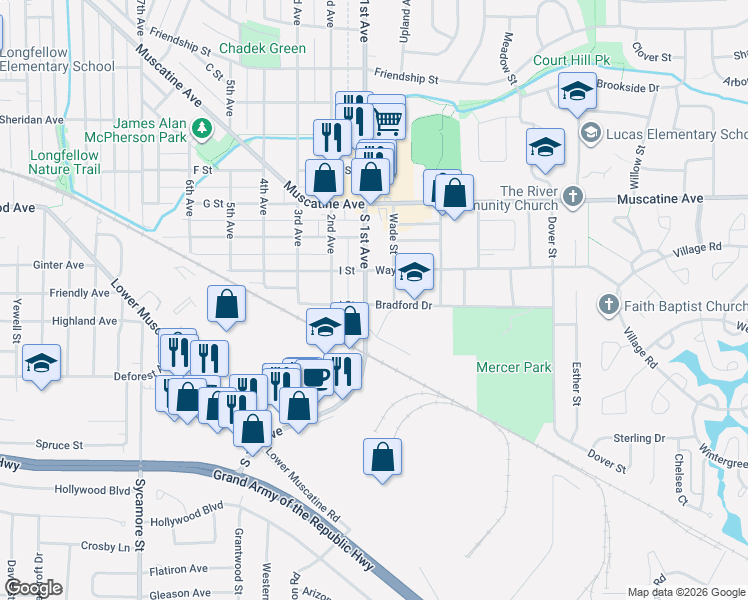 map of restaurants, bars, coffee shops, grocery stores, and more near 2301-2399 Bradford Drive in Iowa City