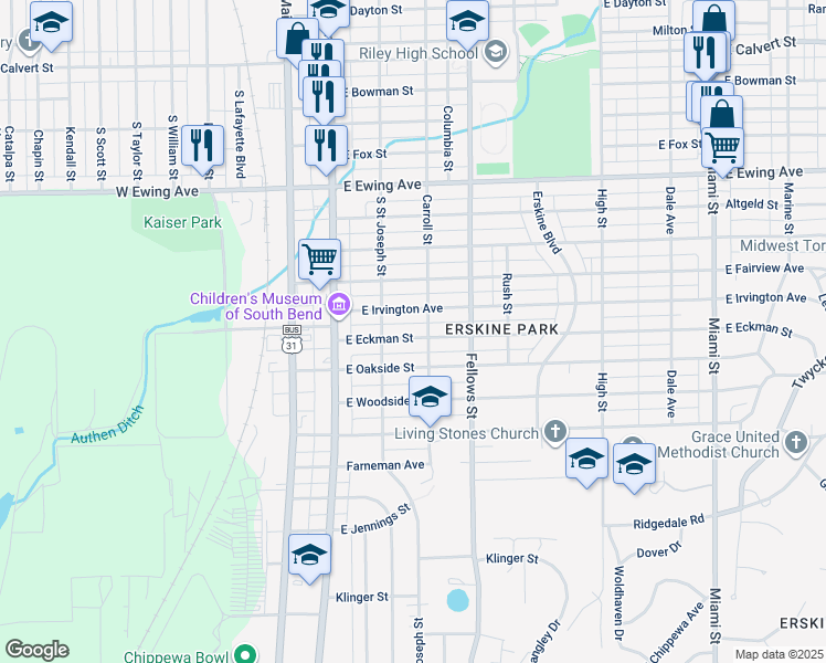map of restaurants, bars, coffee shops, grocery stores, and more near 229 East Eckman Street in South Bend